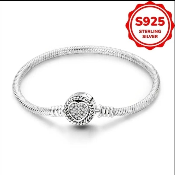Women’s 925 Sterling Silver Heart Charm Snake Chain Bracelet - Size 7.5” - NWT - Picture 4 of 5